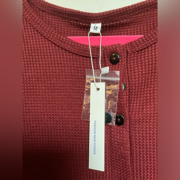 WNEEDU Waffle Knit Tunic Loose Long Sleeve Button V Neck Henley Wine Red Size M - Picture 5 of 9